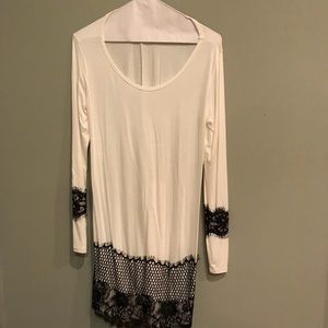 White Long Sleeve Tunic, Black Lace Detail